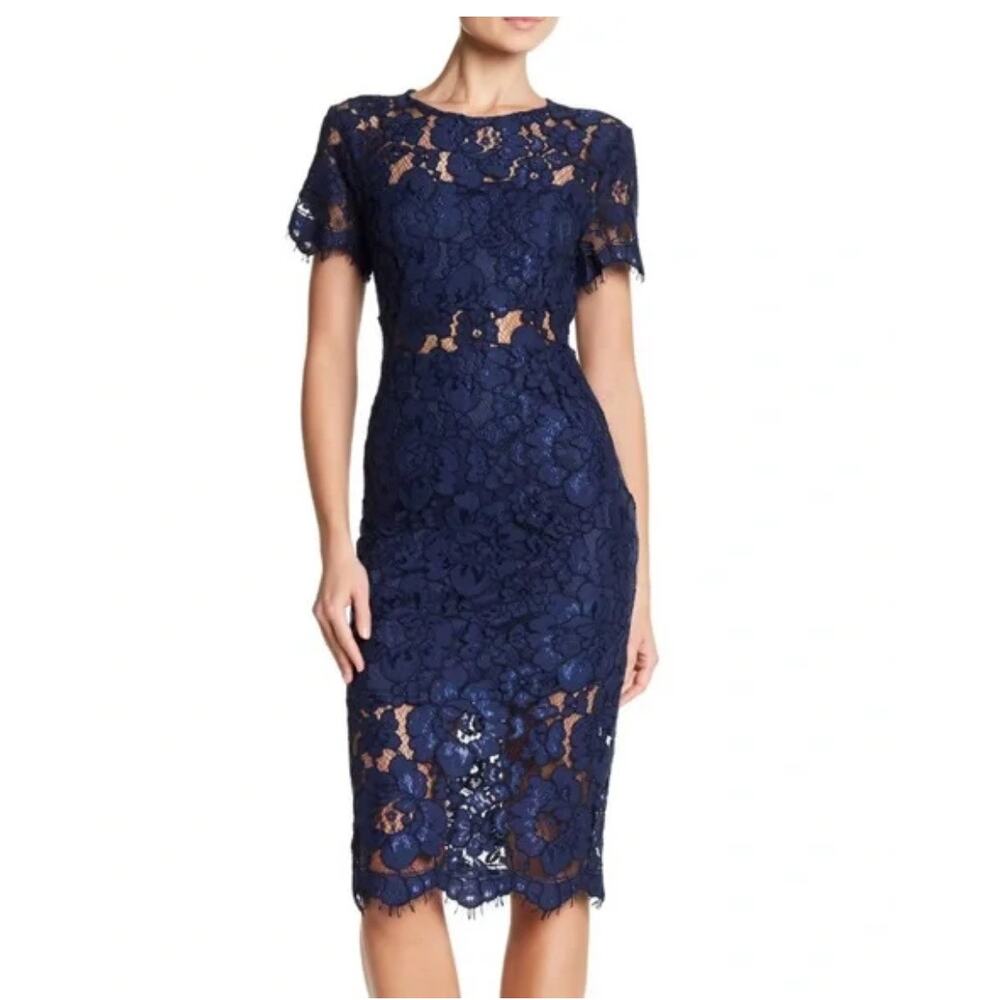 NSR Floral Lace Dress Women Small Navy Blue Lined Short Sleeve Knee Length EUC